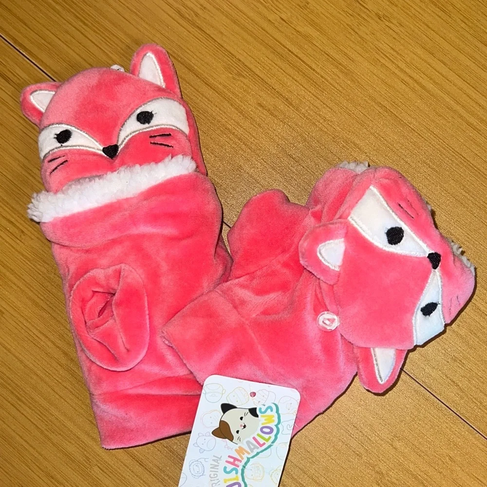 NWT Squishmallows Pink Fox plush beanie, hat, glove, and mittens set small